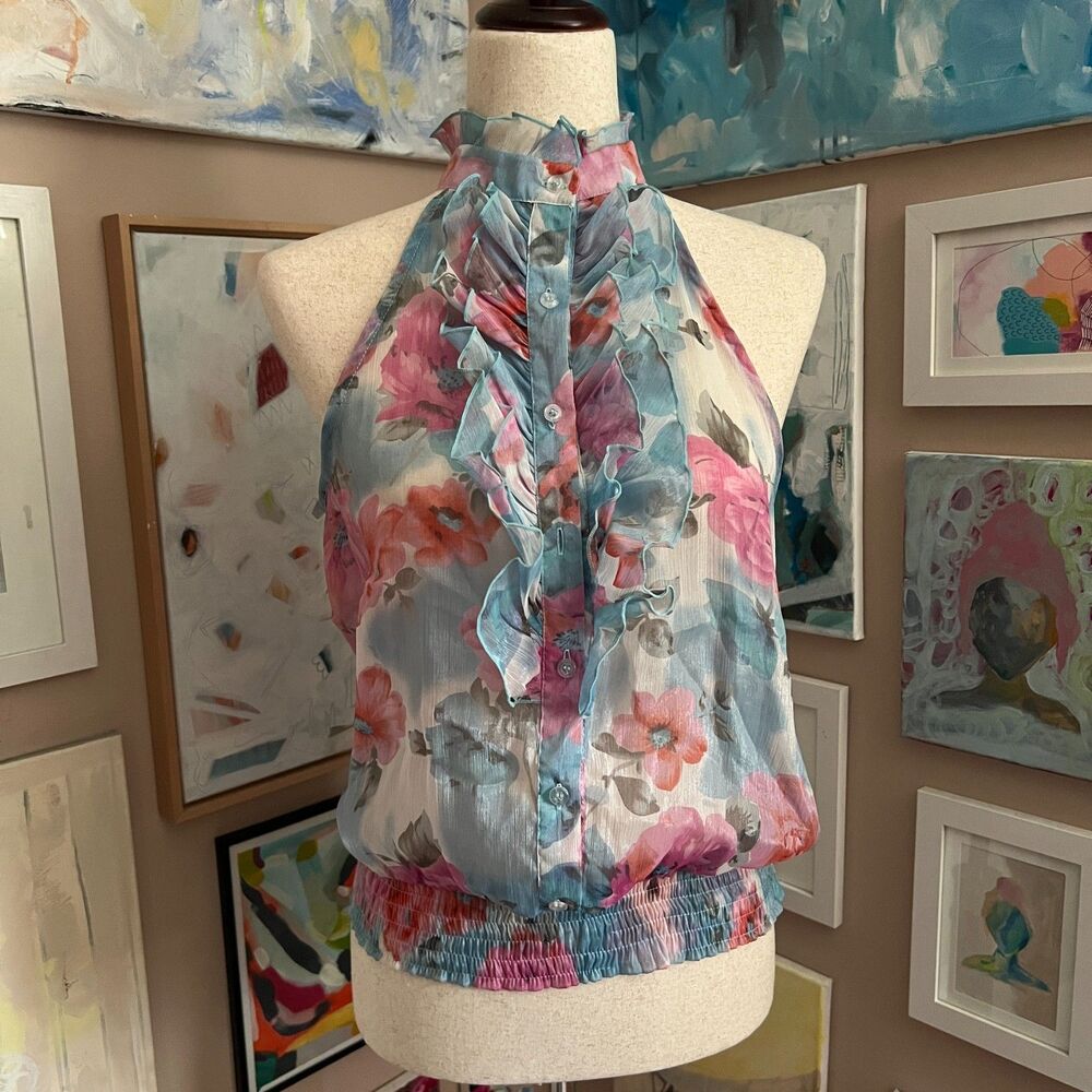 Rampage Sheer Ruffle Halter Size L Floral Y2K Blouse Vintage Mallcore Going Out